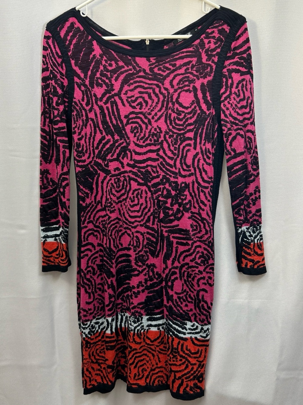 NIC+ZOE Pink and Black Patterned Long Sleeve Knit Dress with Orange Trim‎
